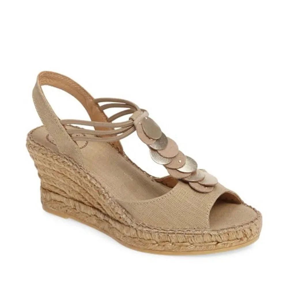 Toni Pons Sitges Espadrille Wedge Sandal In Stone Shimmer Fabric Size 39